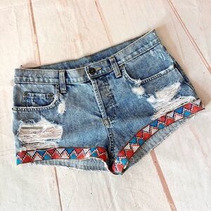 Carmar Boho Distressed Aztec Navajo Southwest Embroidered Jean Shorts